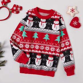 Kid Girl Christmas Tree Snowman Geo Pattern Red Knit Sweater